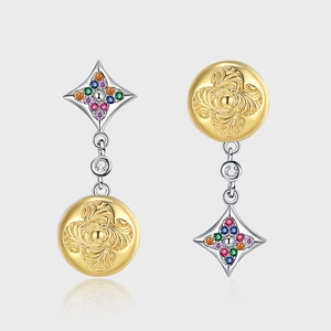 925 Sterling Silver Asymmetric Star And Sphere Drop Earrings Colorful Rhinestone Plated Retro Jewelry For Women KDP1900
