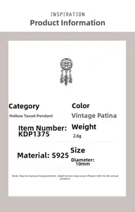 Detailed specs of S925 sterling silver hollow tassel dreamcatcher pendant with dimensions