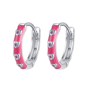 S925 Sterling Silber Creolen mit rosa Emaille-Herzen und violetten Zirkoniasteinen