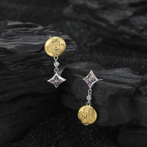 Elegant S925 silver asymmetric star and engraved gold disc drop earrings for women
