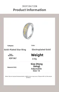 Detail of S925 sterling silver cross star ring with gold plating and adjustable band size