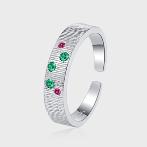 925 Sterling Silver Ring For Women Multi Color Zirconia Inlaid Brushed Texture Bark Pattern Adjustable Open Finger Ring Jewelry
