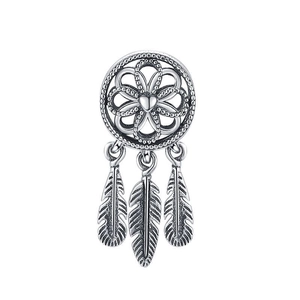 S925 sterling silver hollow dreamcatcher pendant with heart detail and feather charms