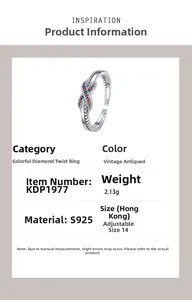Macro shot of S925 silver knot ring with colorful zircon stones and vintage finish