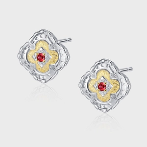 925 Sterling Silver Two-Tone Gold Silver Clover Stud Earrings For Women Elegant Red Zirconia Flower Inlaid Fashion Jewelry