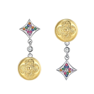 Elegant S925 sterling silver asymmetrical star dangle earrings with gold accents