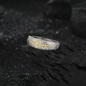 925 silver cross star ring with rustic rock texture and gold-plated star detail