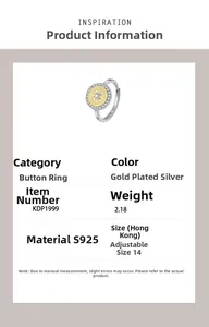 Detailed view of S925 sterling silver button ring with gold finish and measurements