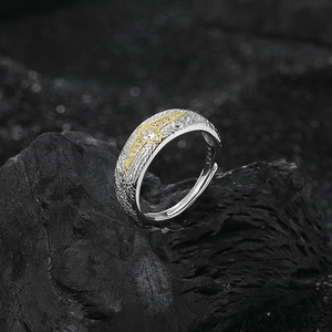 S925 silver open ring featuring a gold cross star pattern and sparkling cubic zirconia