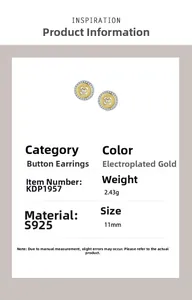 Detail showing 925 silver button earrings with gold plating and micro-pave crystals