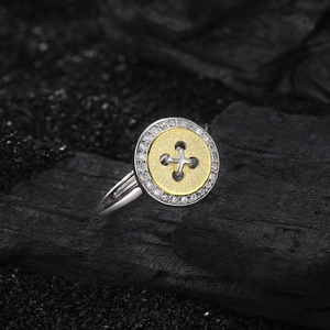 Elegant S925 silver button ring with gold center disk and white zircon halo setting