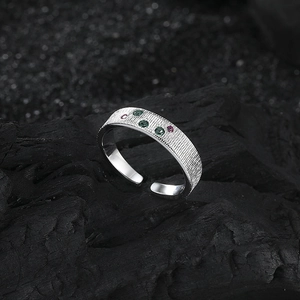 S925 sterling silver open ring with textured finish and colorful zircon gemstones