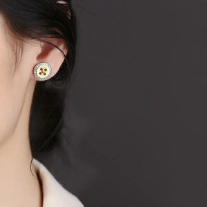 Elegant 925 silver and gold button stud earrings with micro-pave cubic zirconia accents