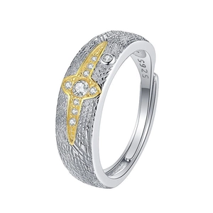 Elegant 925 sterling silver open ring with gold star texture and zircon stone