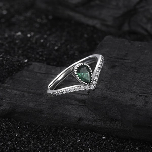 Elegant V-shaped S925 silver ring featuring a pear-cut green zircon and pavé diamonds