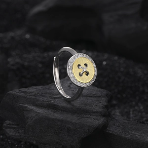 Elegant S925 sterling silver open ring with gold button design and sparkling cubic zirconia
