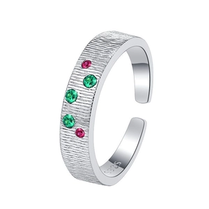 S925 sterling silver open ring with brushed texture and colorful zircon gemstones