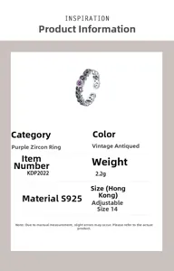 Detail view of vintage S925 sterling silver ring with purple zircon and retro finish
