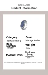 Detailed spec sheet for vintage S925 silver ring with blue zircons and adjustable size