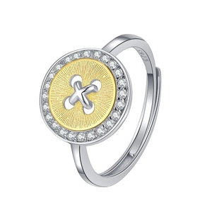 Elegant s925 silver open ring featuring a gold button center and sparkling zircon halo