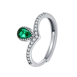 Elegant S925 silver ring featuring a pear-cut emerald zircon and sparkling pavé accents
