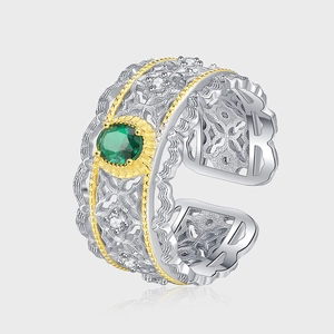 Bague Couronne en Argent Sterling 925 Vintage avec Zirconia pour Femmes Bicolore Filigrane Évidée Pierre Ovale Verte Bague Réglable Bijoux