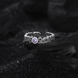 Retro s925 silver open ring featuring a purple gemstone and intricate filigree design