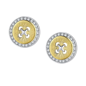 925 silver button stud earrings with gold center, silver stitching, and zircon pavé