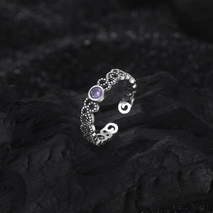 Vintage S925 silver open ring with purple zircon and intricate floral hollow patterns