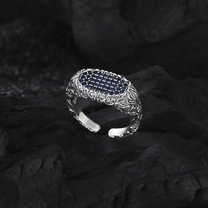 Vintage S925 silver signet ring with blue pavé stones and floral vine carvings
