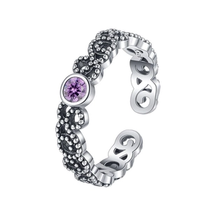 Vintage S925 sterling silver open ring with hollow patterns and round purple gemstone