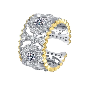 Eleganter s925 Silberring in Bi-Color Optik mit Pavé-Diamanten und offenem Blumen-Design