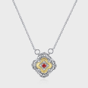 Elegant S925 sterling silver four-leaf clover necklace with red gemstone pendant