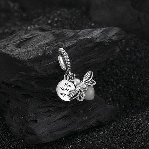S925 sterling silver bee pendant with You light up my life engraving on black charcoal