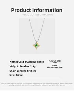 Close-up of S925 silver two-tone star pendant with a green gemstone and dimensions