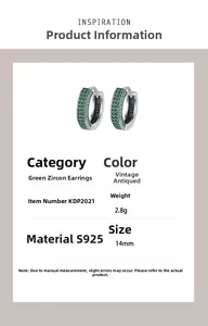 Detailed product specs of S925 vintage silver earrings with green zircon 14mm size
