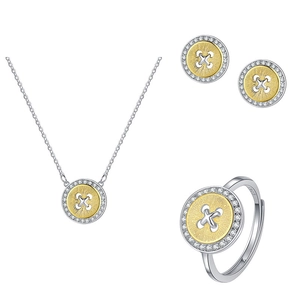 Elegant s925 silver button jewelry set with necklace, earrings and ring in two-tone gold