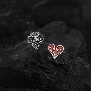 Vintage S925 silver heart stud earrings with gothic red and black scrollwork texture