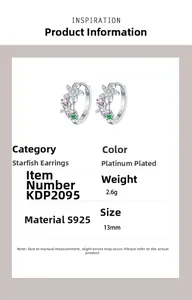 Detailed specs of S925 silver starfish stud earrings with colorful zirconia stones