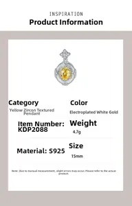 Detail of S925 sterling silver four-leaf flower pendant with yellow zircon and textures