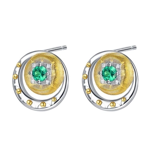 S925 silver crescent moon stud earrings with green stone and golden sunburst texture