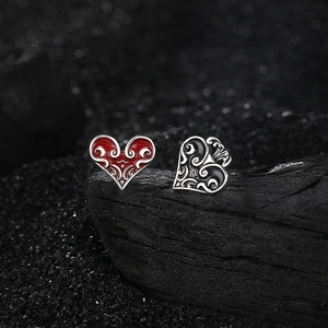 Gothic S925 silver heart stud earrings with black and red enamel and baroque texture
