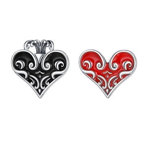 S925 sterling silver heart earrings with black and red enamel and retro silver carvings