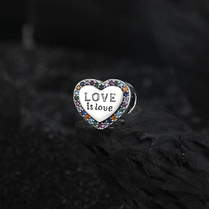 S925 sterling silver heart charm with colorful zircons and LOVE is love engraving