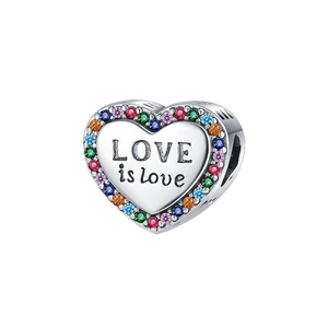 S925 sterling silver heart charm with LOVE engraving and colorful zircon stones