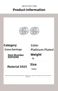 Detailed specs of S925 sterling silver cross stud earrings with sparkling zircon stones