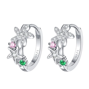 Elegant S925 sterling silver starfish earrings with colorful zircon stones in white gold plating
