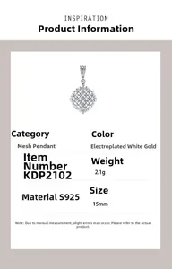 Vue détaillée du pendentif cœur en argent S925 indiquant 15mm de taille et 2,1g de poids
