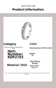 Detailed specs of S925 silver ring featuring green zircon and floral relief patterns