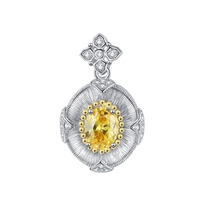 S925 silver four-leaf clover pendant with yellow oval gemstone and brushed texture